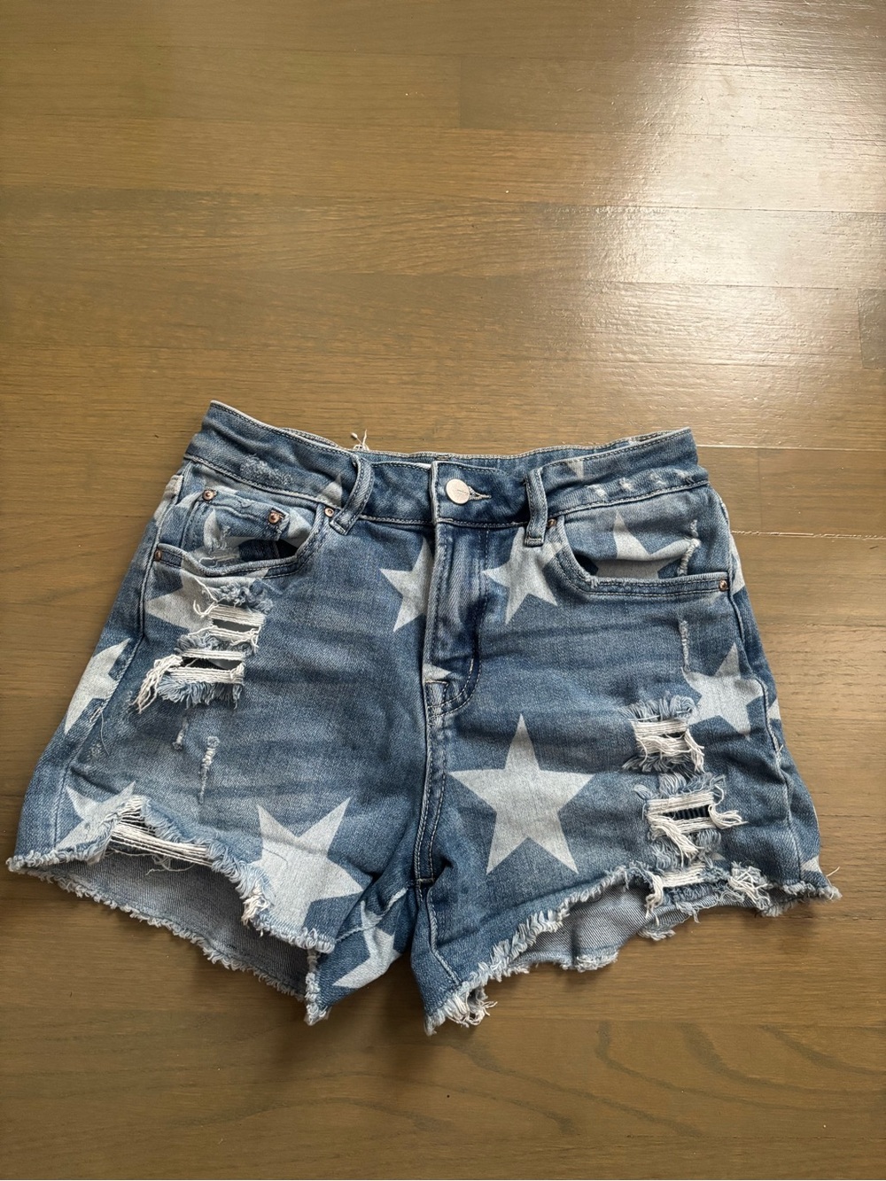 Misa Los Angeles Star Print Distressed Denim Shorts - Blue & White